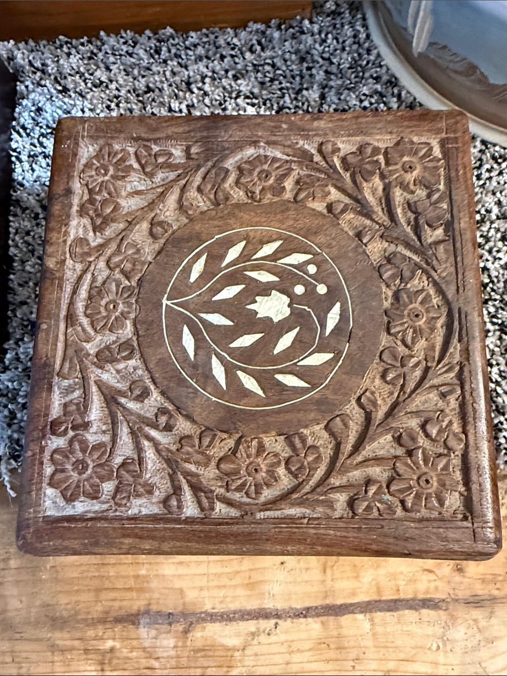 Carved Wooden Floral Box with Inlay - Brown 6x6